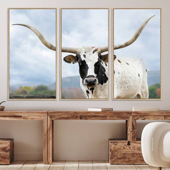 Texas Longhorn Wall Art Canvas Print, Framed Western Rustic Art Picture Print, Farmhouse Decor Perfect Farmhouse Decor Artwork
