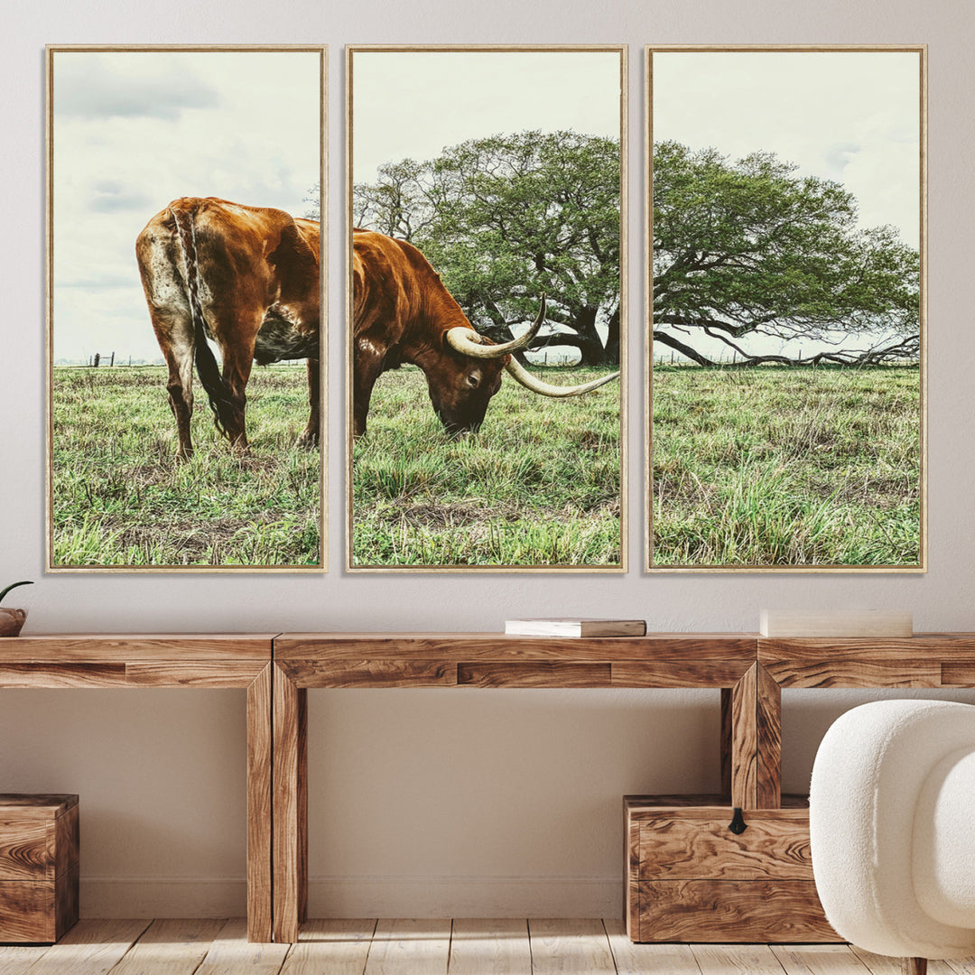 A Texas Longhorn grazing in a green pasture with a large tree in the background, evoking a rustic Western and farmhouse aesthetic.
