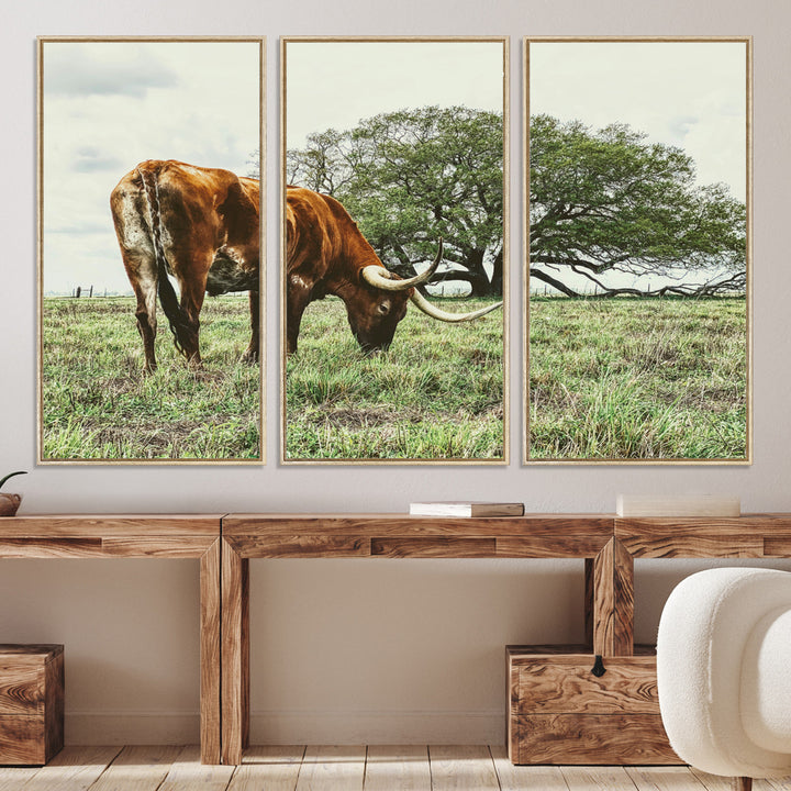 A Texas Longhorn grazing in a green pasture with a large tree in the background, evoking a rustic Western and farmhouse aesthetic.