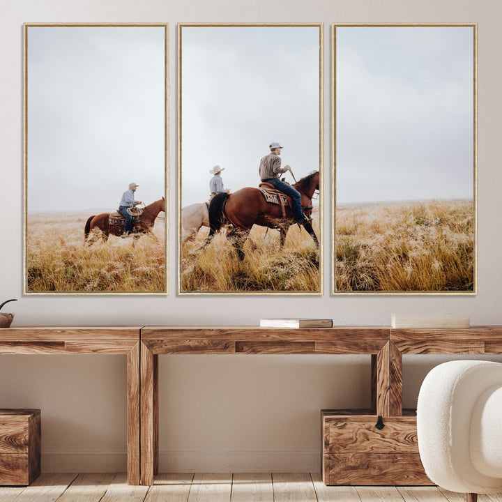 Three cowboys riding horses through a foggy prairie landscape, dressed in Western attire, evoking a rustic and adventurous Wild West aesthetic.