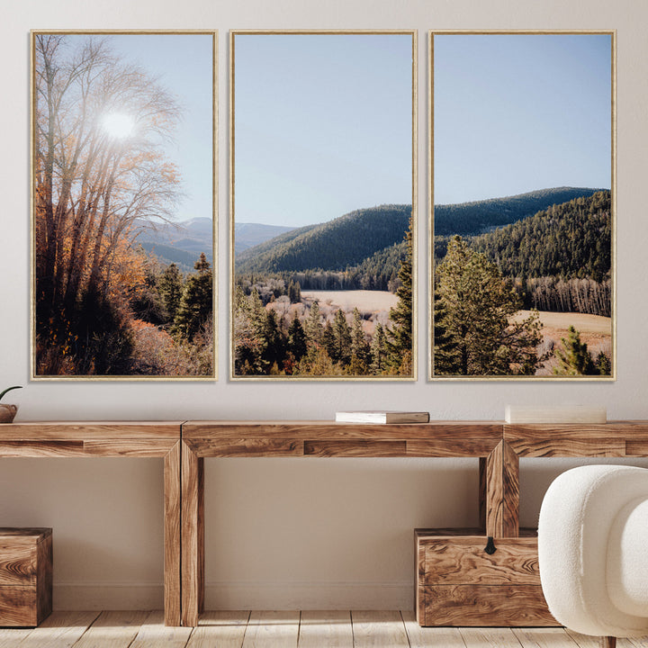 A scenic mountain valley with pine trees and autumn foliage under a clear sky, bathed in golden sunlight, creating a peaceful and rustic landscape.