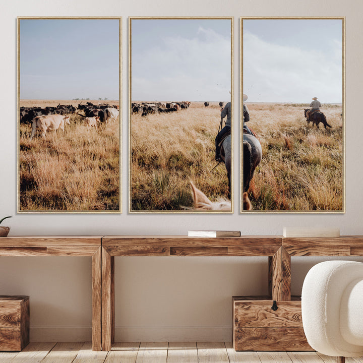 A cowboy and cowgirl on horseback herding cattle through golden grasslands, capturing a rustic and authentic Western ranch lifestyle.