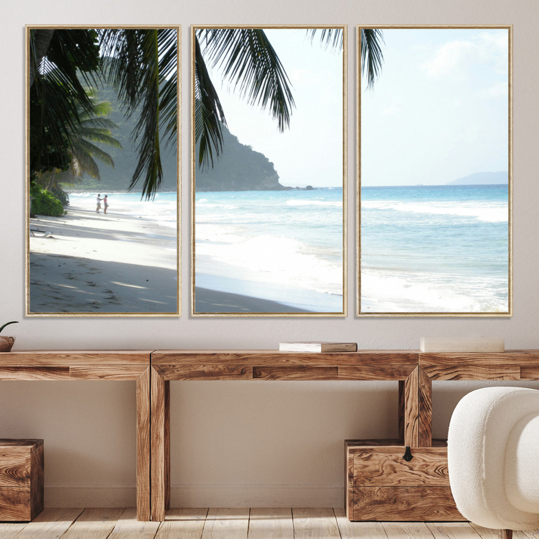 Tropical beach with palm tree shadows, white sand, and turquoise ocean waves, creating a serene and relaxing island escape atmosphere.