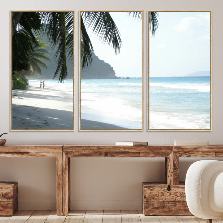 Tropical beach with palm tree shadows, white sand, and turquoise ocean waves, creating a serene and relaxing island escape atmosphere.