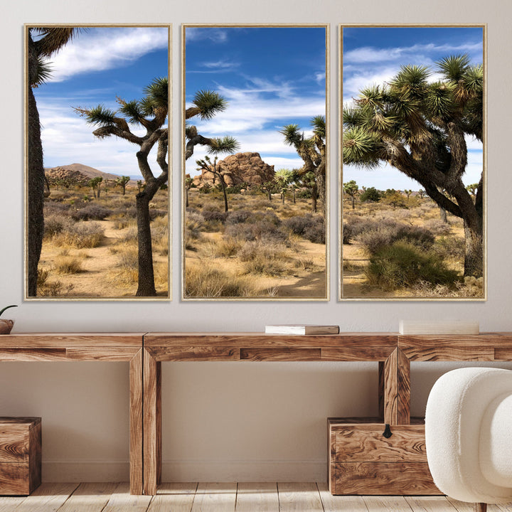 Scenic Joshua Tree landscape with rugged desert terrain, golden dry grass, and a deep blue sky, creating a warm, rustic Southwestern aesthetic.