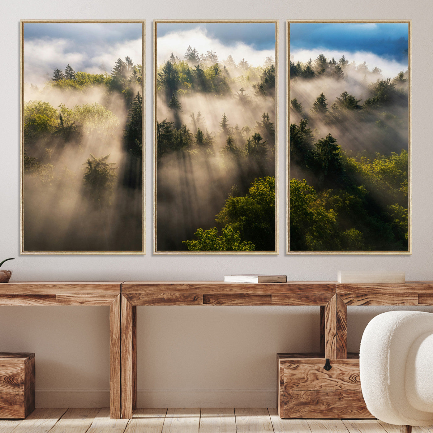 14785710-MGV-CV-36X24-Tranquil Forest Scene Wall Art Canvas Print, Framed Sunbeam Through Trees Art Picture Print, Moody Green Wall Art Perfect Scandinavian