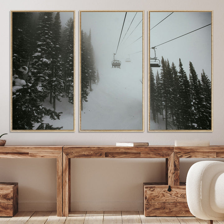 Ski Lift Wall Art Canvas Print, Framed Snowy Pines Art Picture Print, Misty Landscape Perfect Winter Serenity Decor Artwork