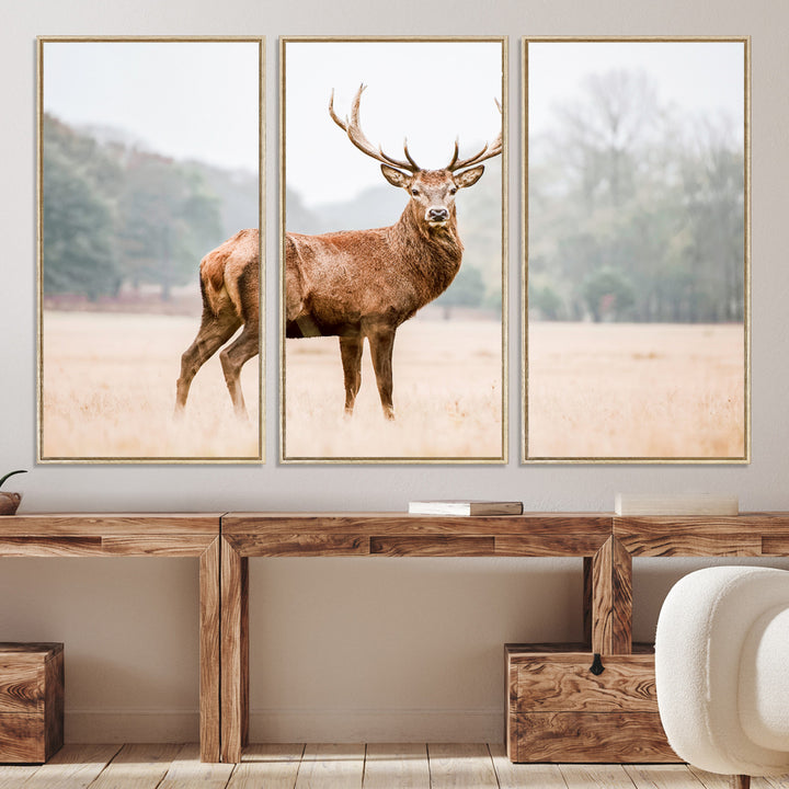 Vintage Wildlife Canvas Print, Framed Misty Landscape Art Picture Print, Deer Wall Art Perfect Rustic Wildlife Decor Artwork