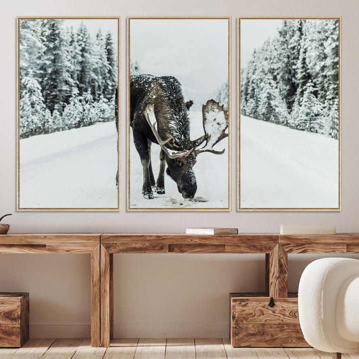 Moose in Snow Wall Art Canvas Print, Framed Winter Wildlife Art Picture Print, Snowy Forest Scene Perfect Rustic Lodge Decor Artwork