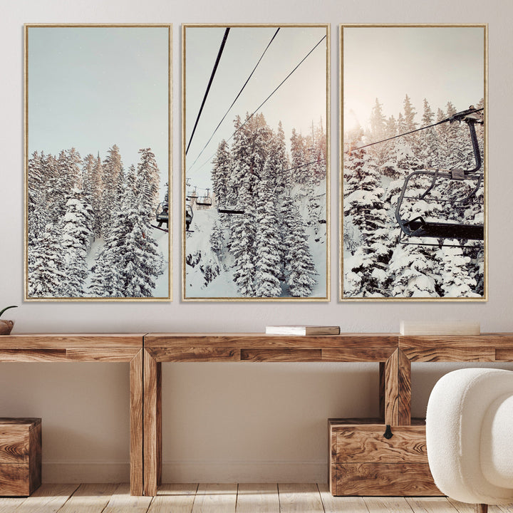 91534512-MGV-CV-36X24-Frosty Pines Wall Art Canvas Print, Framed Cozy Cabin View Art Picture Print, Ski Lift Ride Perfect Rustic Lodge Decor Artwork