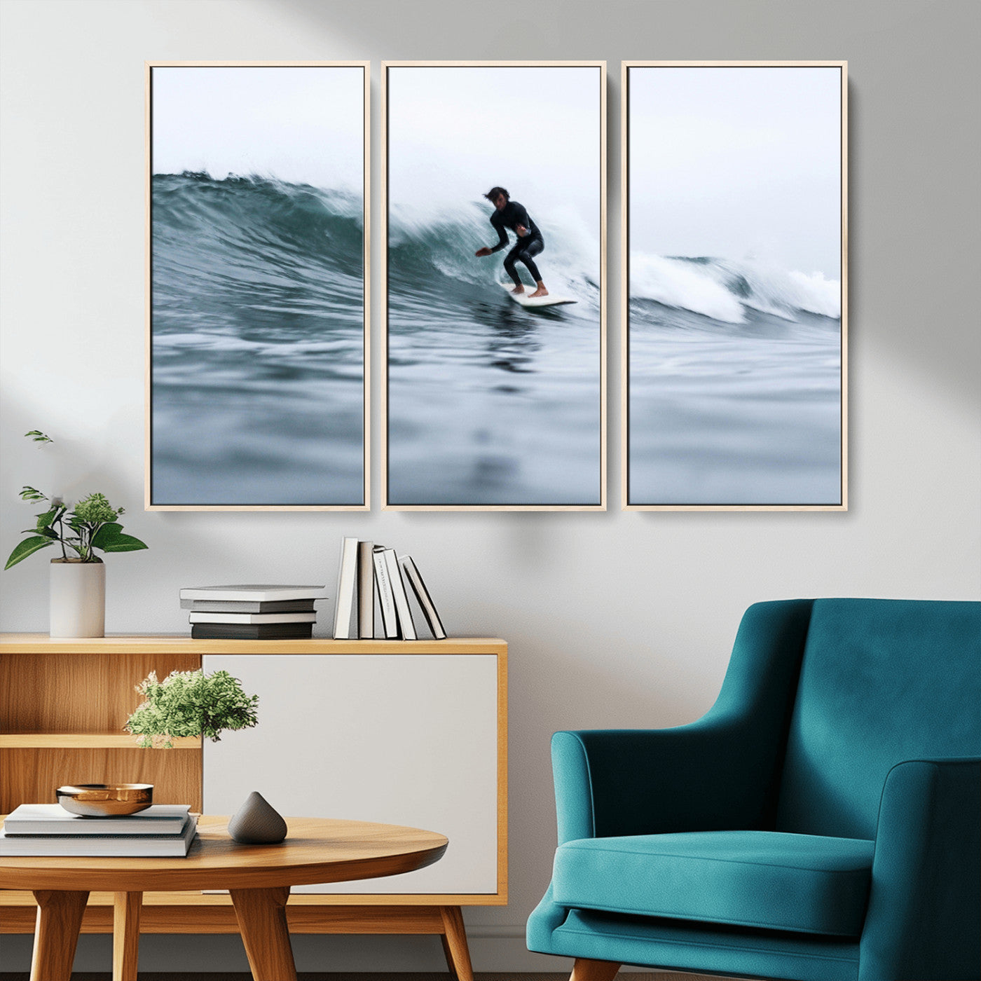 MGV-FC-48X32-3P - Surfer on Wave Wall Art Canvas Print, Framed Ocean Adventure Art Picture Print, Motion Blur Water Perfect Coastal Adventure Decor Artwork