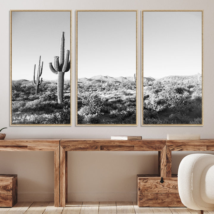 Saguaro Cactus Wall Art Canvas Print, Monochrome Landscape Print, Framed Scenic Arizona Art Print, Large Timeless Western Aesthetic Printing