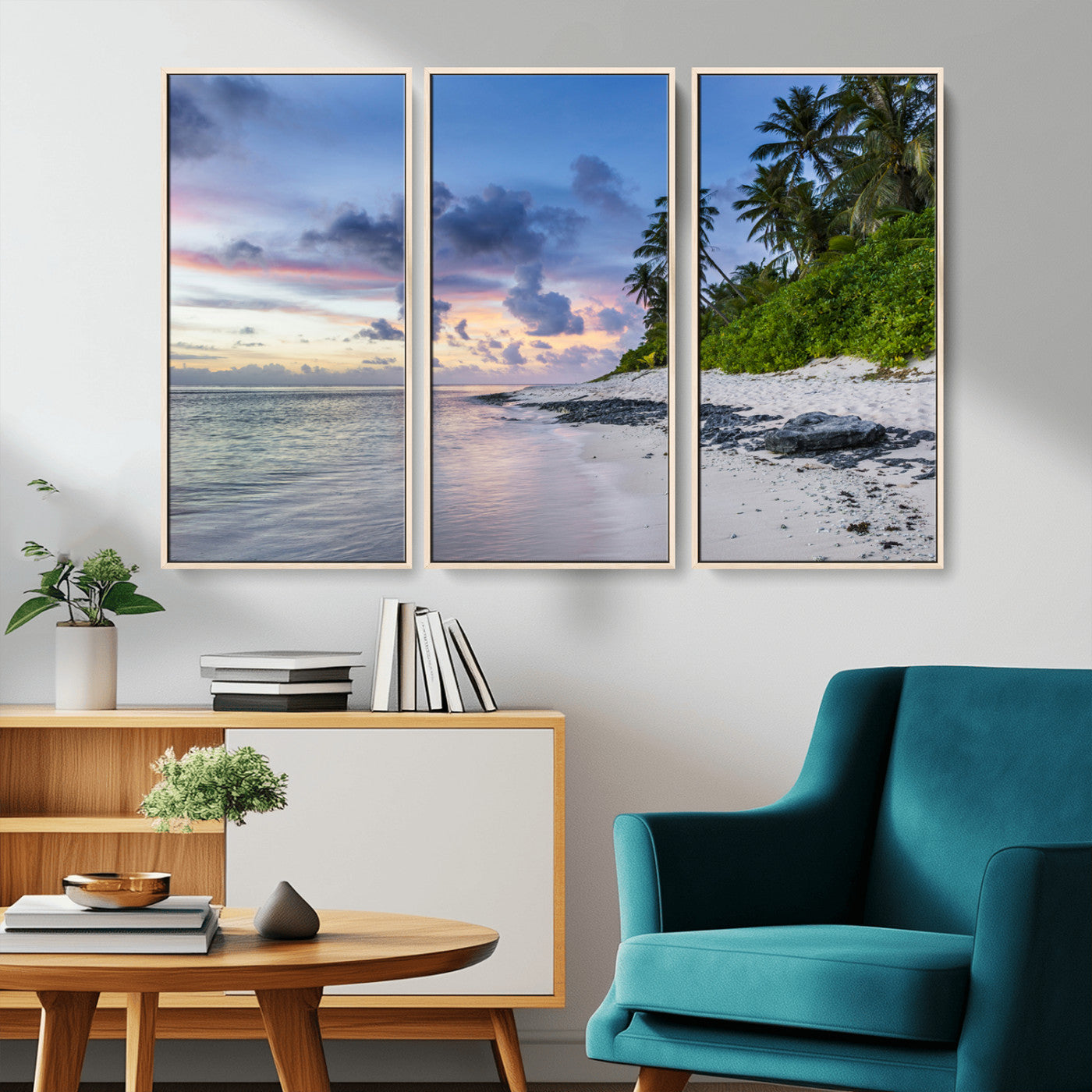 MGV-FC-48X32-3P - Tropical Beach Wall Art Canvas Print, Framed Sunset Glow Art Picture Print, Palm Tree Coast Perfect Tropical Coastal Decor Artwork