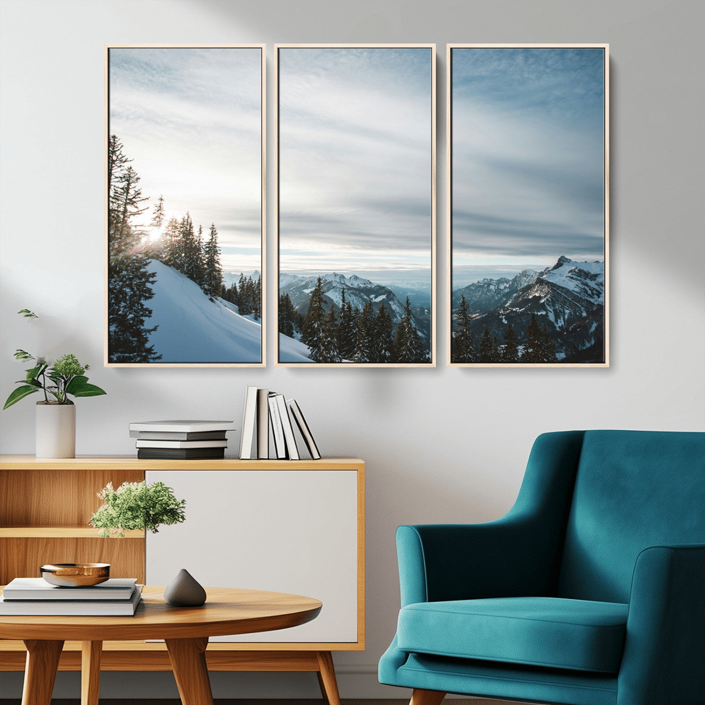 MGV-FC-48X32-3P - Snowy Mountains Wall Art Canvas Print, Framed Alpine Landscape Art Picture Print, Frosty Peaks Perfect Nordic Minimalist Decor Artwork