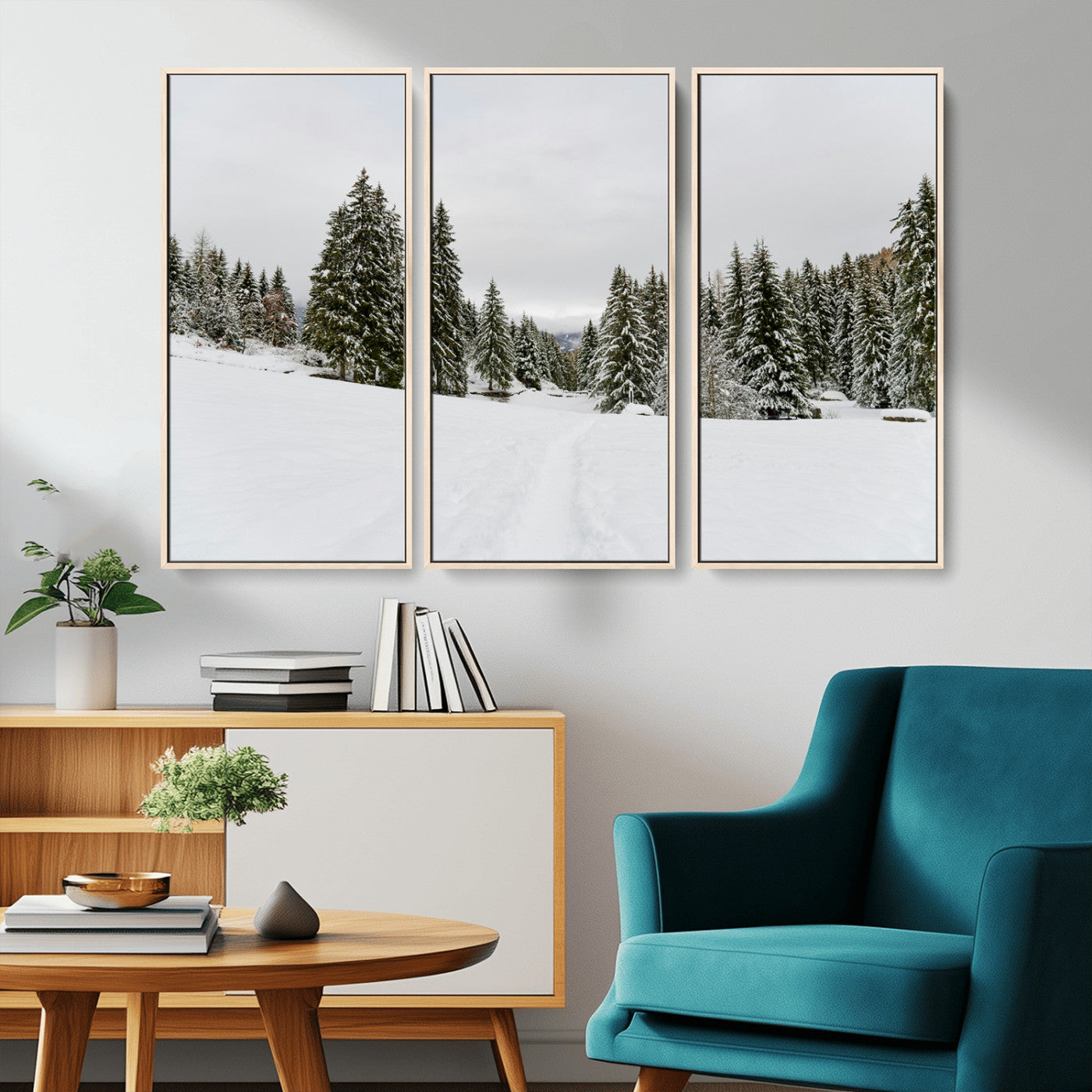 MGV-FC-48X32-3P - Frosty Pines Wall Art Canvas Print, Framed Silent Snowfall Art Picture Print, Cozy Cabin Vibes Perfect Nordic Minimalist Decor Artwork