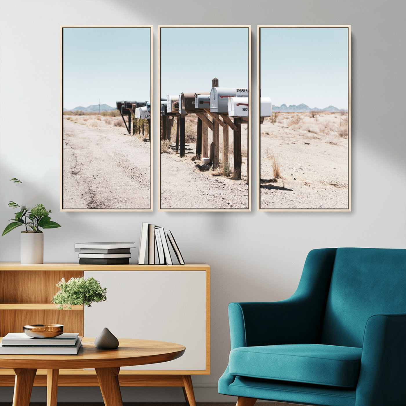 MGV-FC-48X32-3P - Desert Mailboxes Canvas Print – Minimal Western Landscape Photography, Rustic Americana Wall Art for
