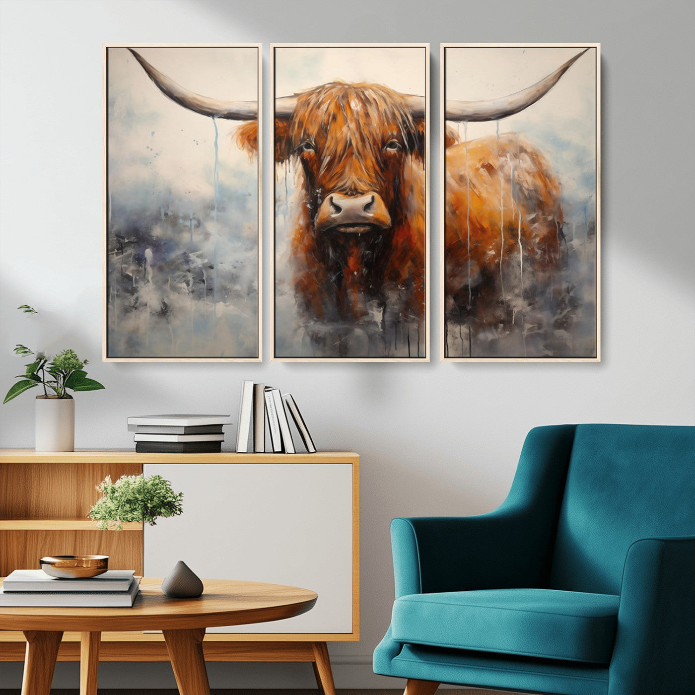 MGV-FC-48X32-3P - Scottish Highland Wall Art Canvas Print, Framed Longhorn Art Picture Print, Western Cow Perfect Farmhouse Decor Artwork