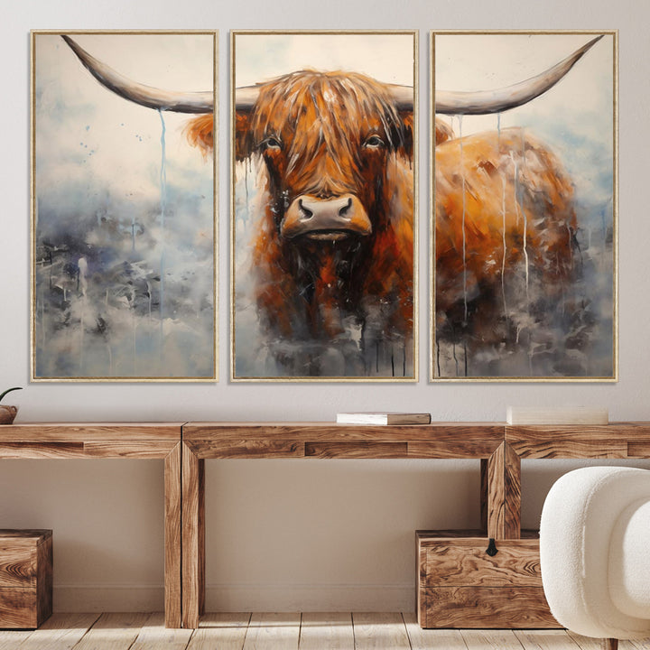 Scottish Highland Wall Art Canvas Print, Framed Longhorn Art Picture Print, Western Cow Perfect Farmhouse Decor Artwork