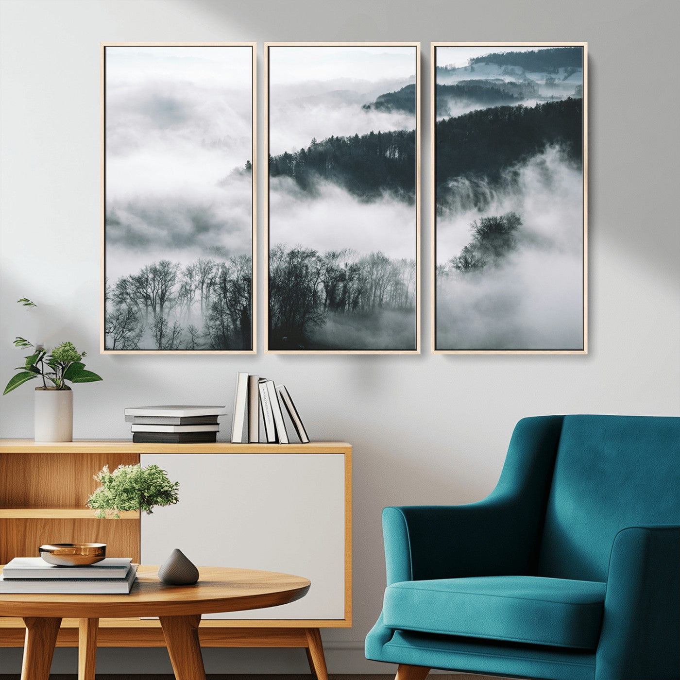 67569654-MGV-CV-36X24-Foggy Forest Landscape Wall Art Canvas Print – Misty Mountain Valley Scene in Monochrome Tones, Perfect for Minimalist or Nordic Home Decor