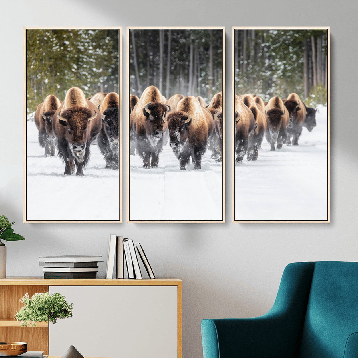 96906195-MGV-FC-48X32-3P - American Bison Herd Snow Canvas Wall Art – Powerful Winter Wildlife Print of Buffalo Motion, Rustic Lodge or Western Cabin Decor for Living Room, Office