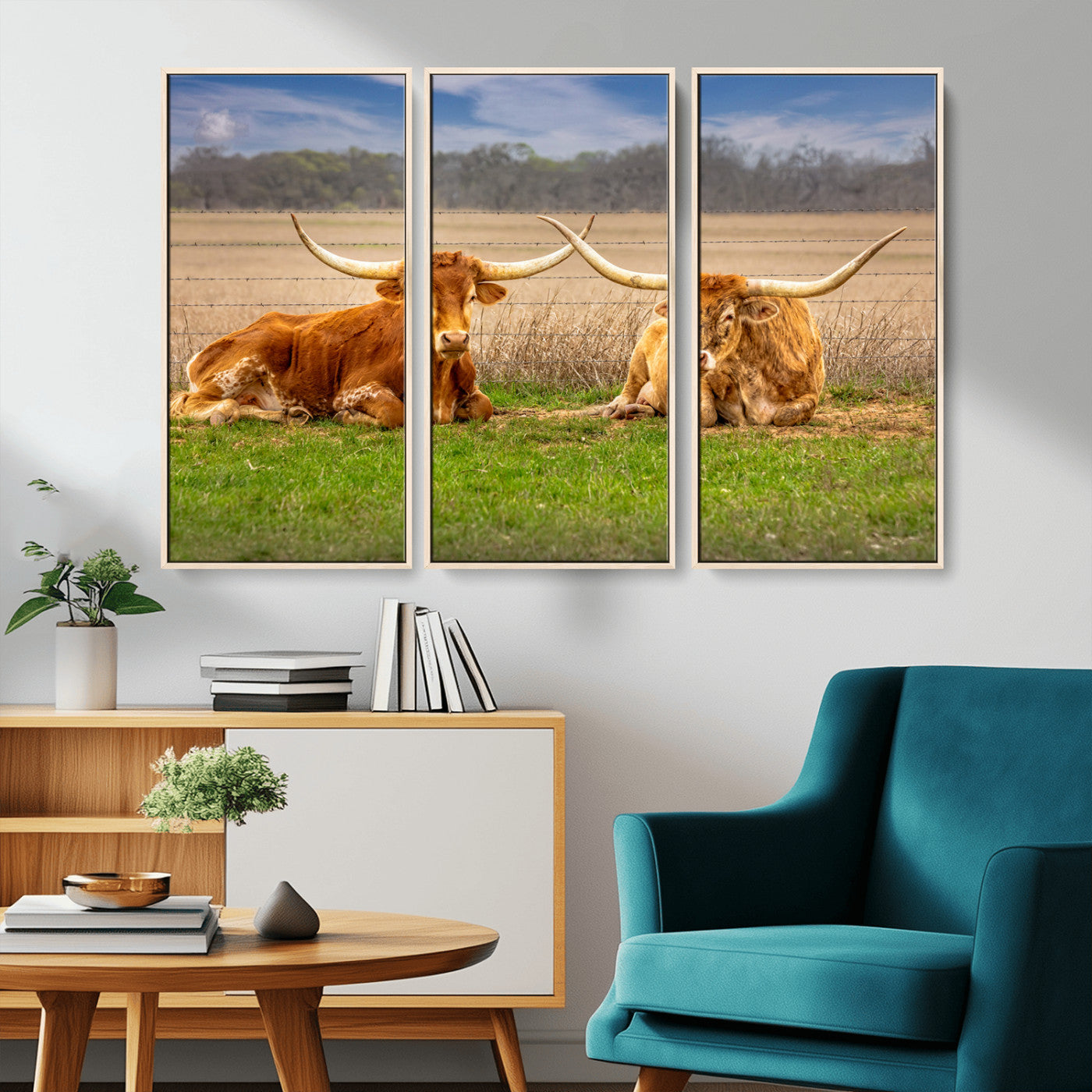 54598515-MGV-CV-36X24-Texas Longhorn Pair Wall Art Canvas Print – Peaceful Rustic Ranch Scene with Two Cattle in Field, Perfect for Western Farmhouse Home Decor