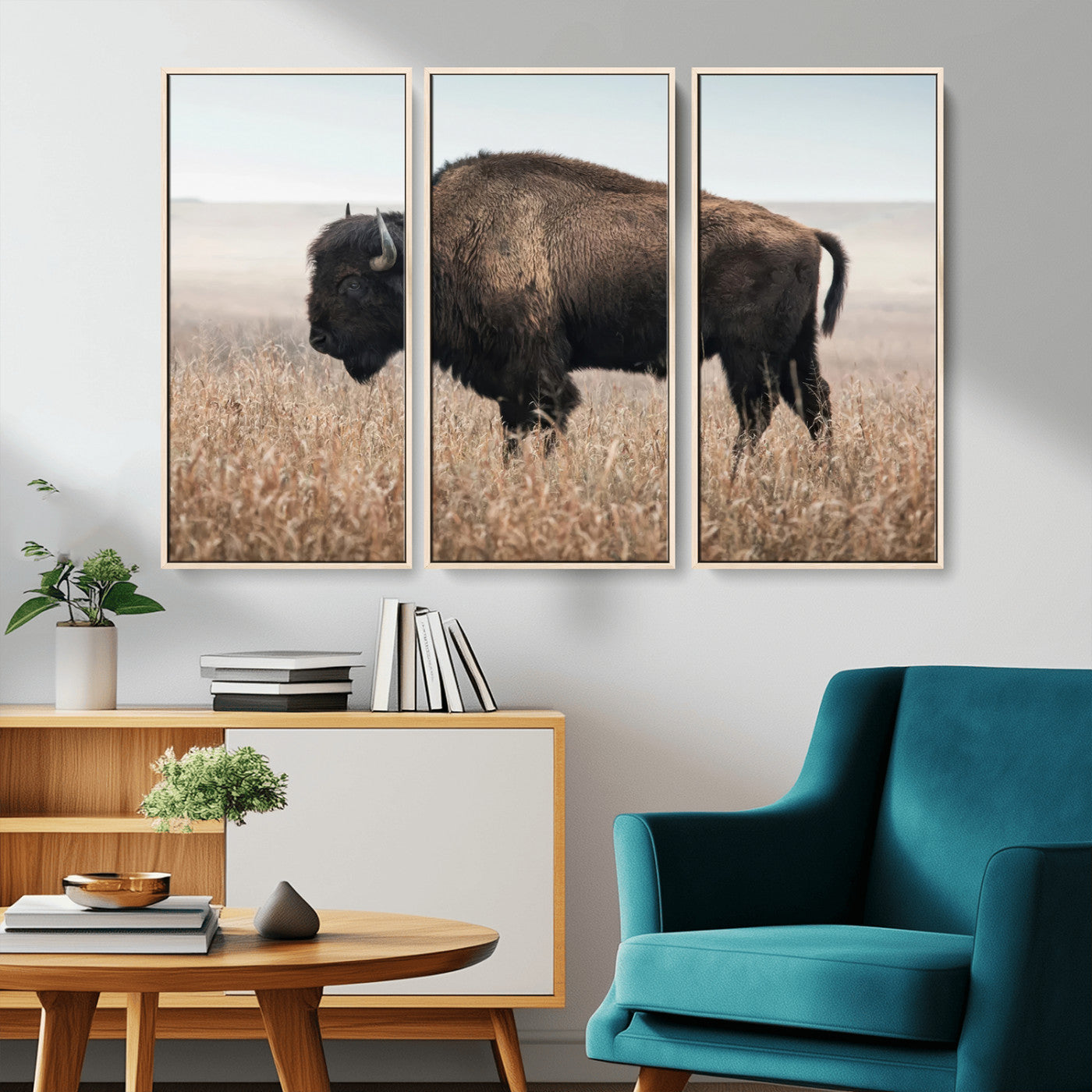 MGV-FC-48X32-3P - American Bison in Field  Wall Art Canvas Print – Powerful Winter Wildlife Scene with Buffalo in