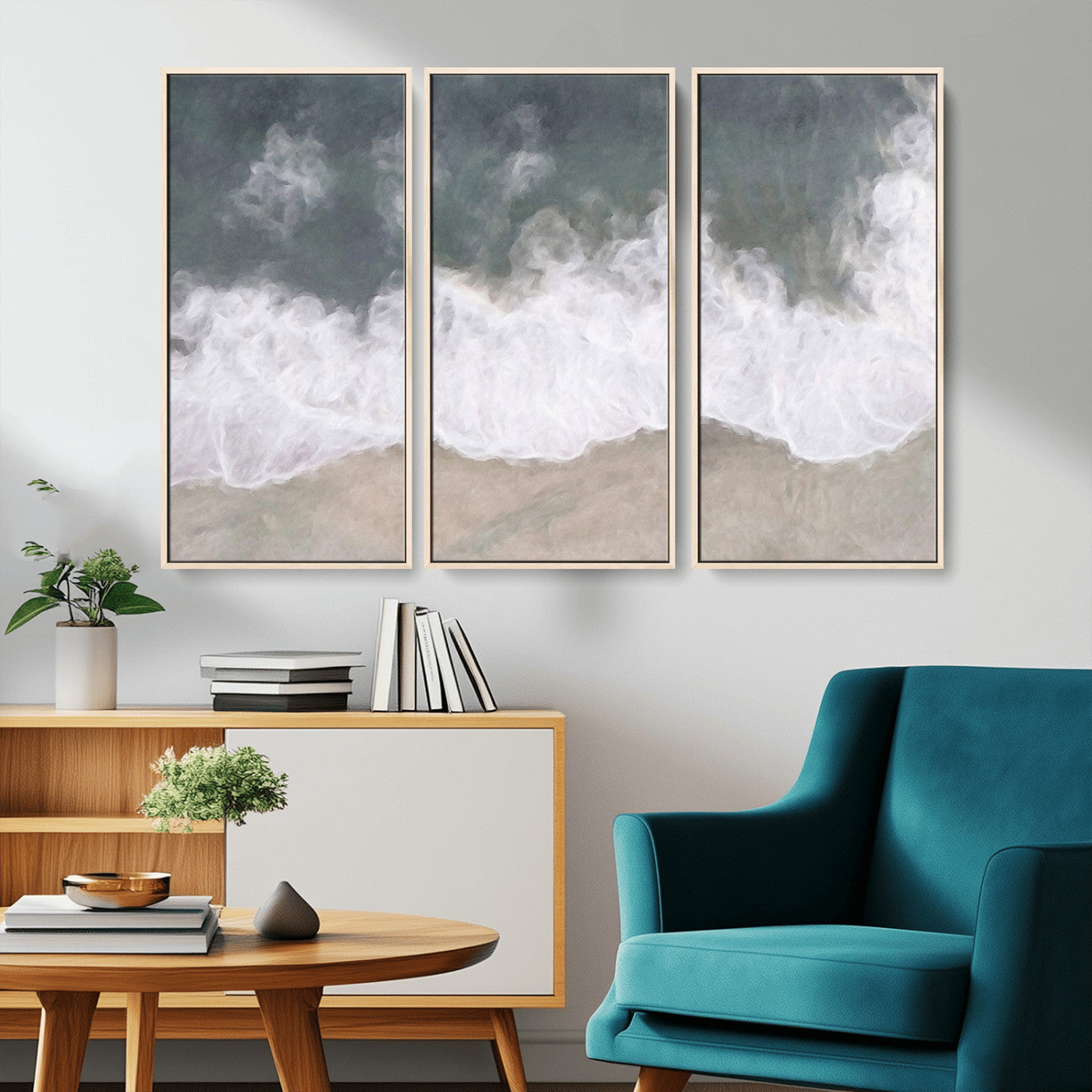 Wall art canvas print featuring foamy ocean waves softly rolling onto a sandy shore with a dreamy, painterly texture.