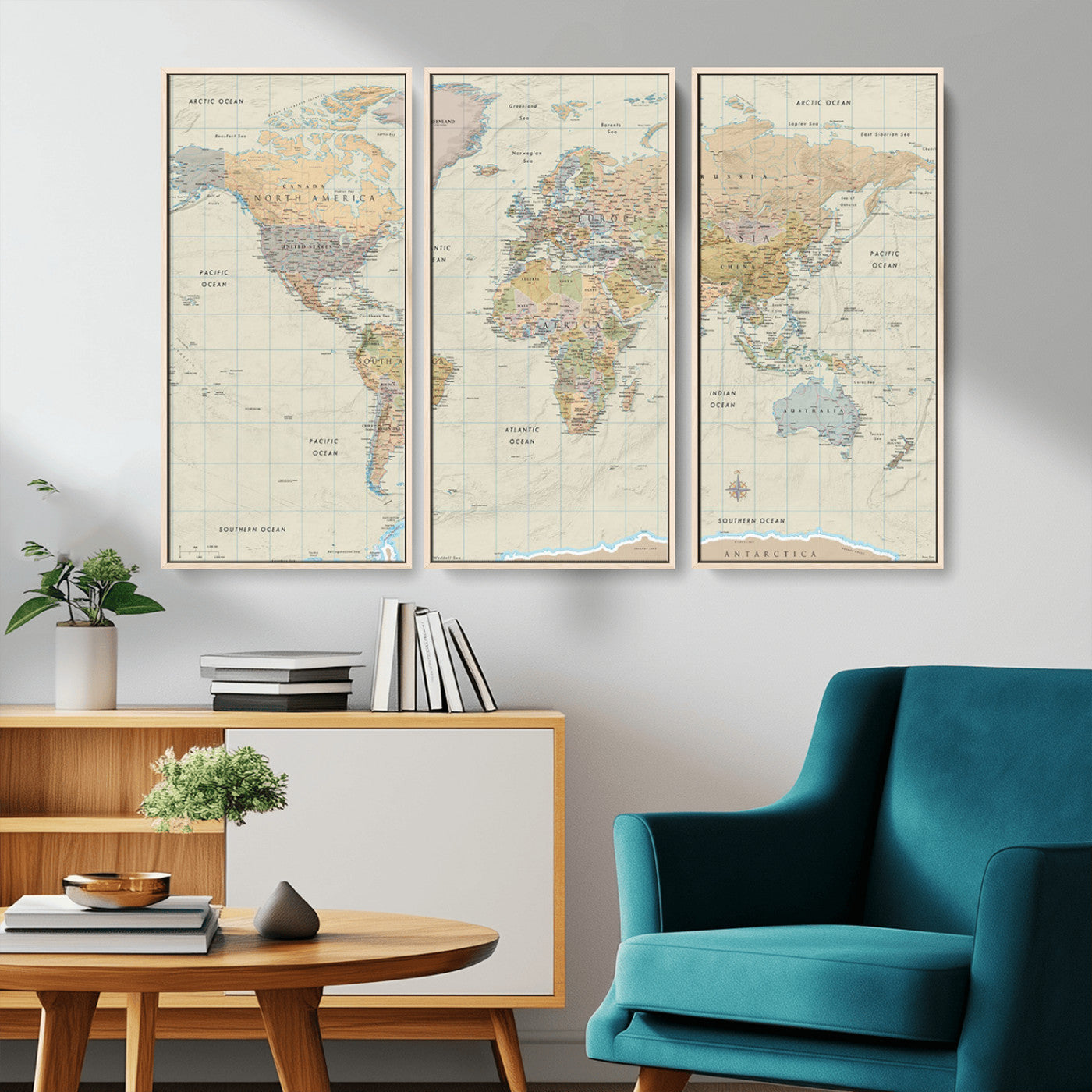 A detailed vintage-style political world map displaying continents, countries, and oceans with clear borders and labels, set on a beige textured background with grid lines.