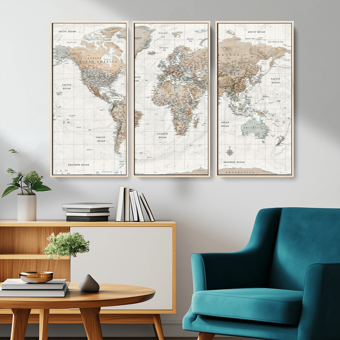 Vintage world map with detailed country borders and labels, featuring soft earthy tones of beige, brown, and gray on a textured parchment background, including oceans, continents, and major cities.