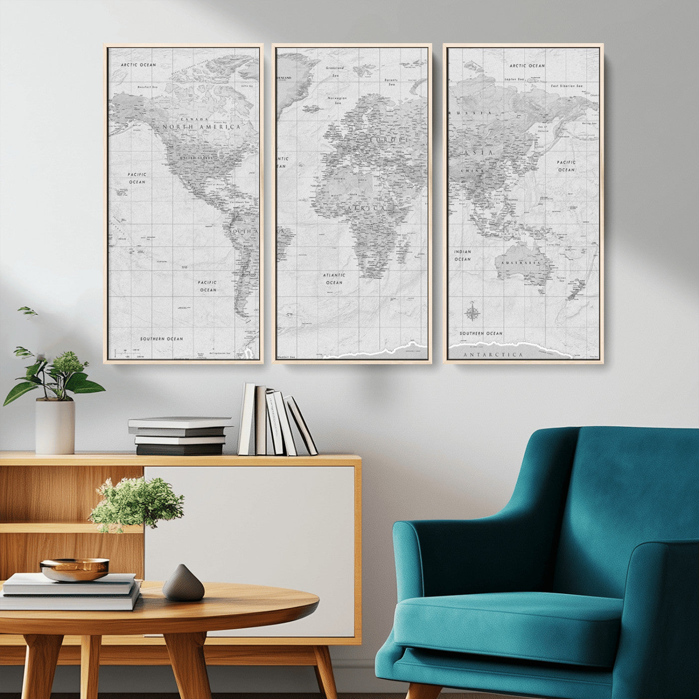Grayscale vintage world map with detailed country borders, oceans, continents, and major cities on a textured parchment background.