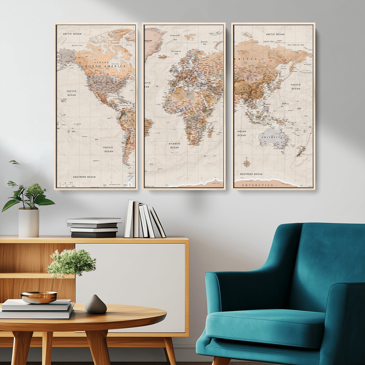 Detailed vintage world map with warm earth tones showing country borders, oceans, continents, and major cities, styled with a textured parchment background.