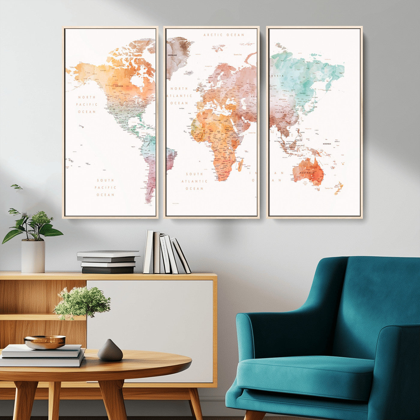 Watercolor world map featuring soft pastel hues in orange, green, blue, and purple on a light background, printed on canvas for vibrant and artistic wall decor.