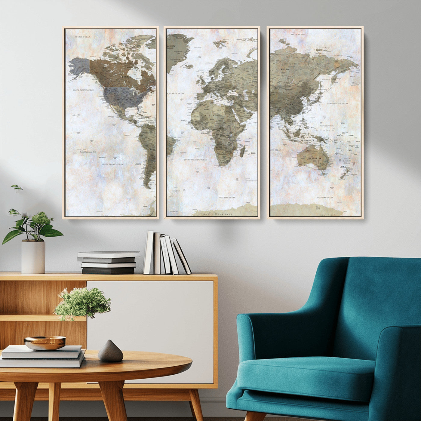 World map printed on a textured canvas with soft muted earth tones and a weathered background, showing detailed countries and continents, perfect for vintage-style wall art.