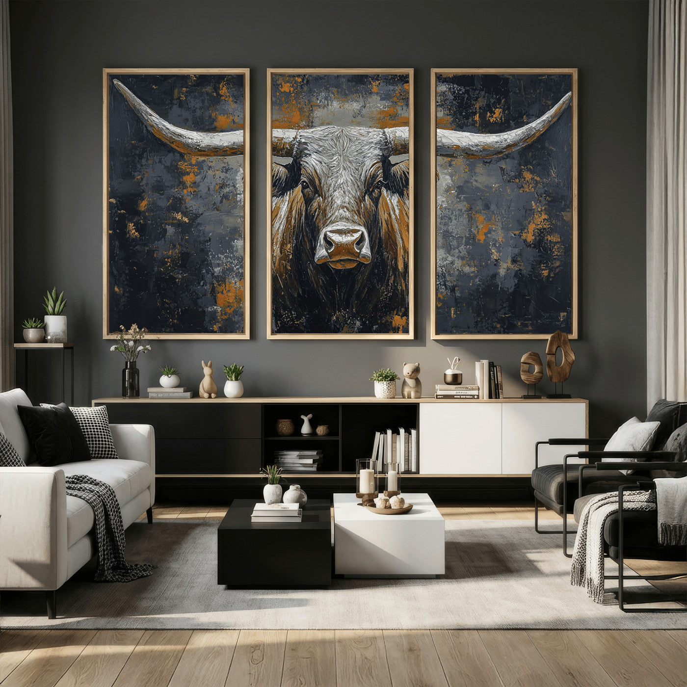 73972561-MGV-CV-36X24 - Bold Bull Wall Art Canvas – Striking Portrait with Wide Horns and Rich Brown Hues, Rustic Farmhouse and Western Decor for Home Room