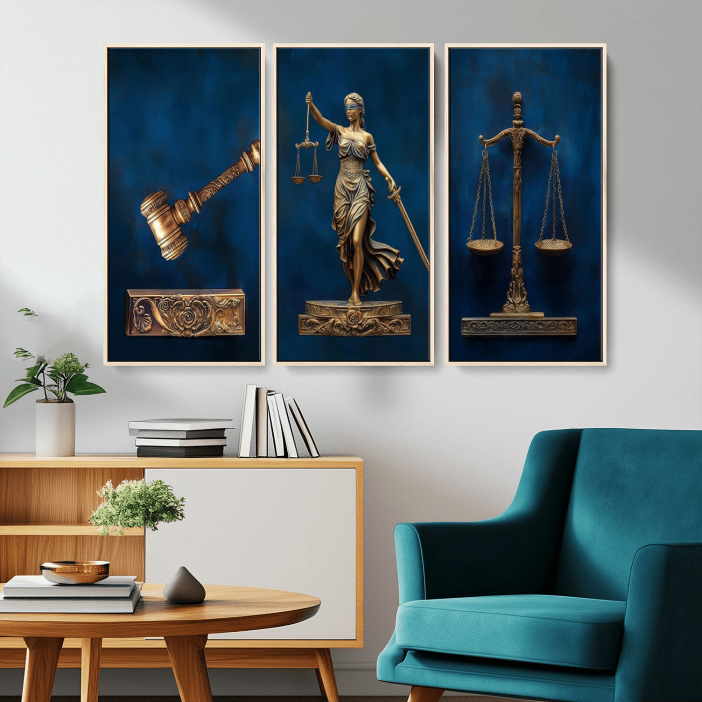 MGV-FC-48X32-3P - Lady Justice Wall Art Canvas Print – Elegant Gold Legal Symbols on Blue Background, Perfect for Law