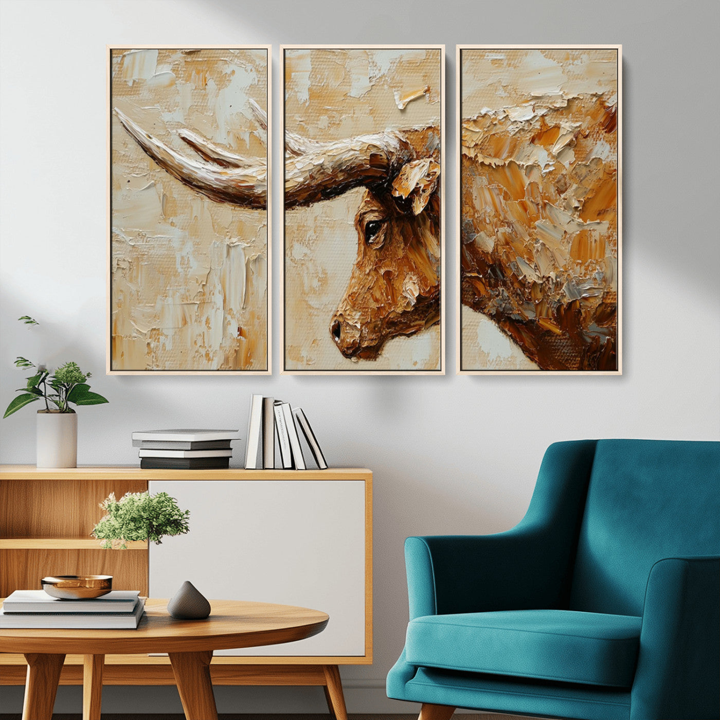 Rustic Longhorn Bull Wall Art Canvas Print – Vintage Western Cattle Painting, Texas Steer Artwork for Ranch, Farmhouse or Cowboy Decor