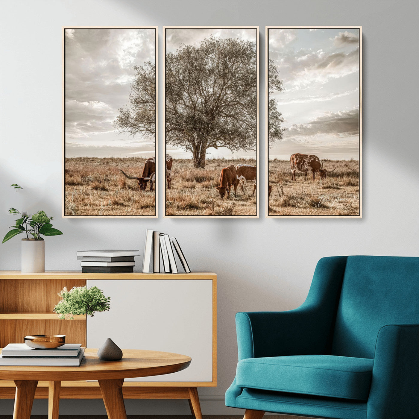 Texas Longhorn Cattle Wall Art Canvas Print – Rustic Western Ranch Scene with Steers at Sunset, Perfect for Farmhouse or Cowboy Decor