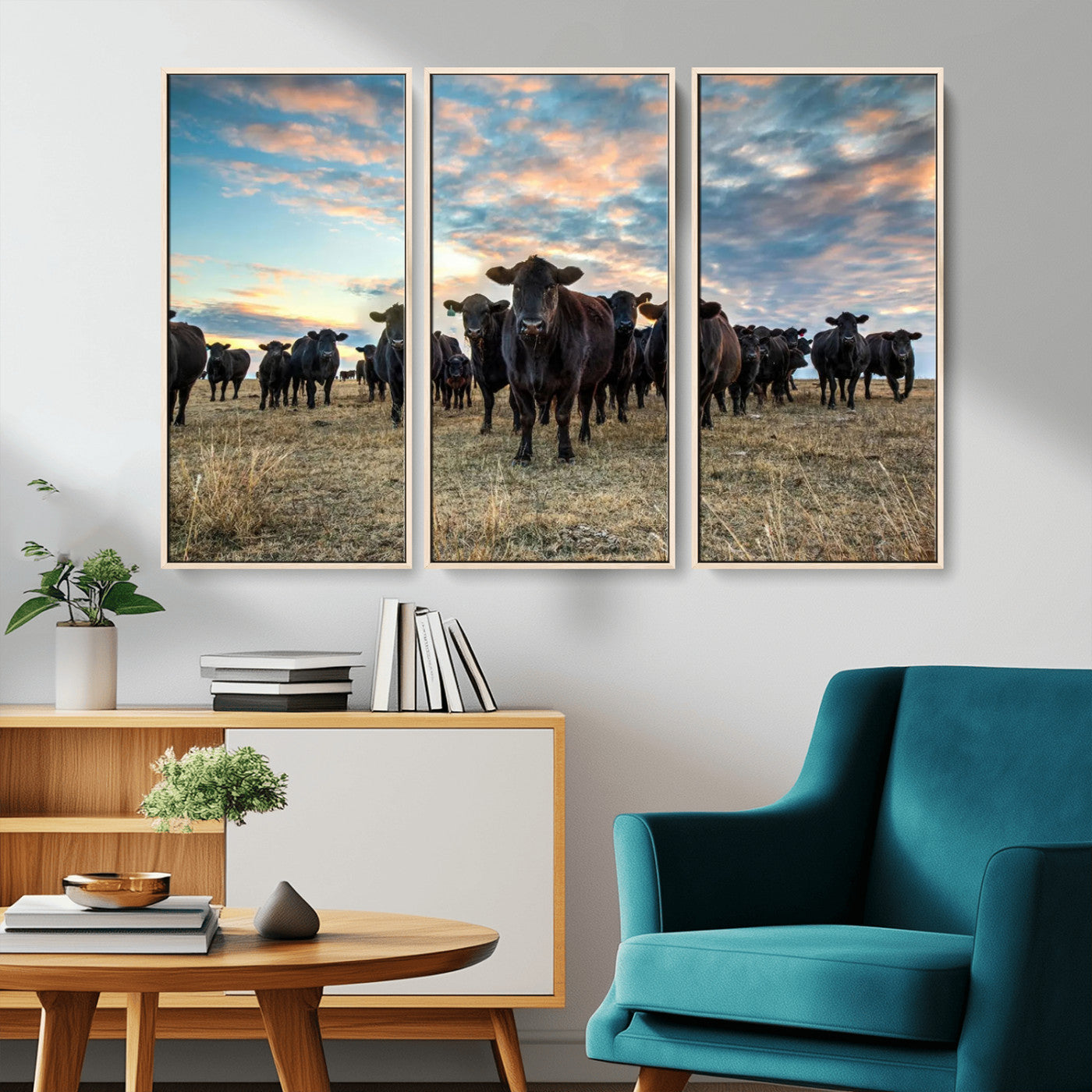 13867292-MGV-CV-36X24-Texas Longhorn Cattle Wall Art Canvas Print – Rustic Western Ranch Scene with Steers at Sunset, Perfect for Farmhouse or Cowboy Decor