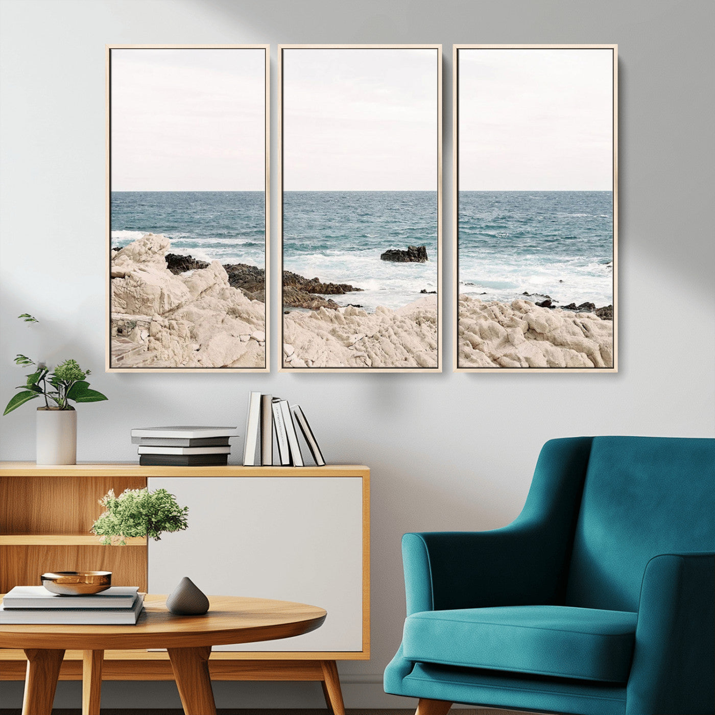 Coastal Ocean View Wall Art Canvas Print – Serene Rocky Shoreline and Blue Sea Photography for Coastal Chic or Minimalist Home Decor