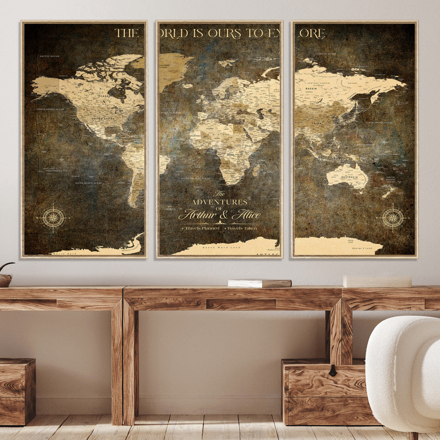 76675404-MGV-CV-36X24-Framed Push Pin World Travel Map – Canvas Wall Art for Tracking Adventures, Decorative Vintage Style Map with Pins for Home or Office - H1