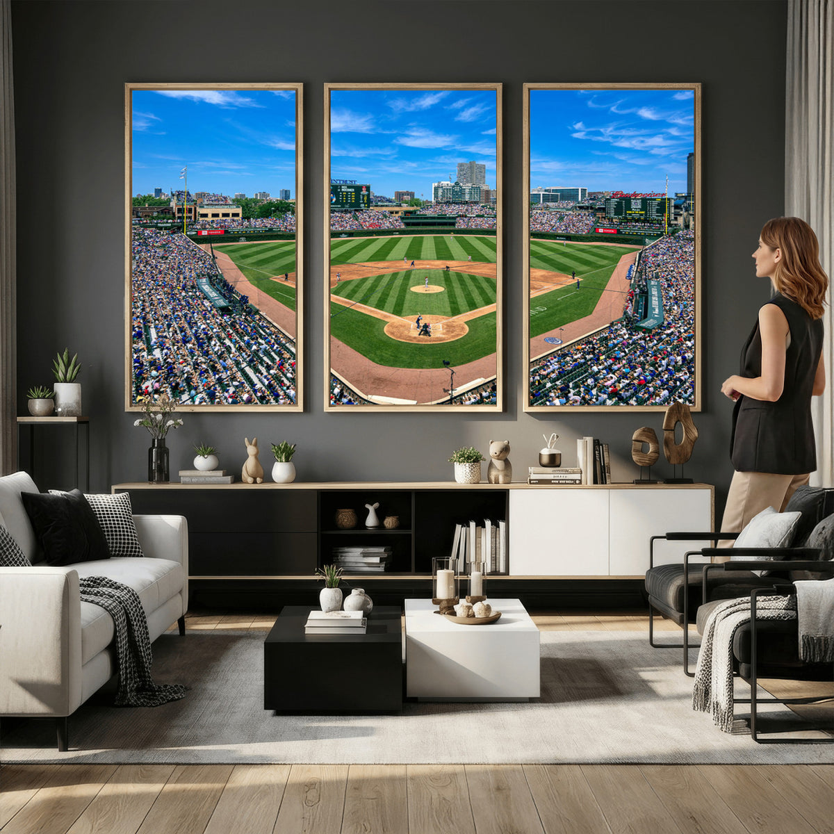 35800083-MGV-CV-36X24 - Wrigley Field Baseball Stadium Canvas Wall Art – Packed Crowd Sports Stadium City Skyline Artwork for Home Office