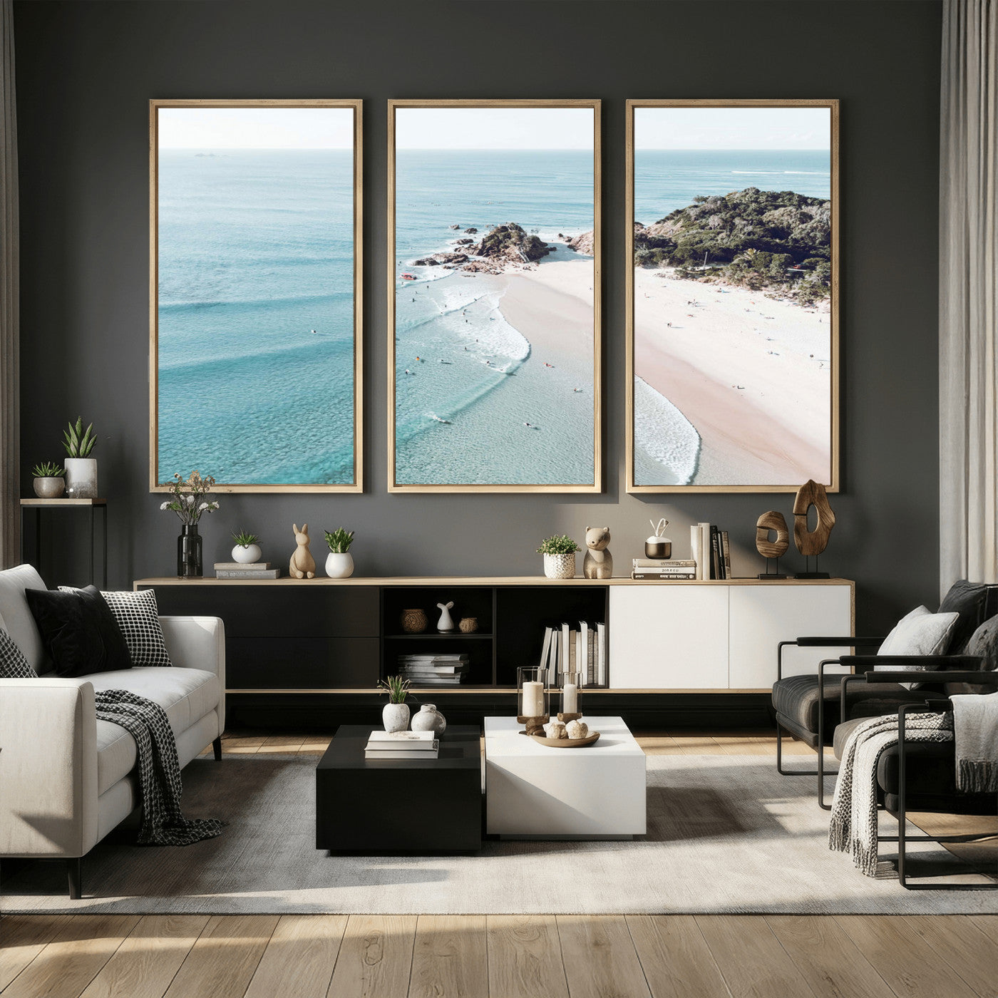 79395467-MGV-CV-36X24 - Aerial Beach Wall Art Canvas Print, Coastal Ocean Waves and Surfers Scenic Seaside Artwork for Home, Office Decor