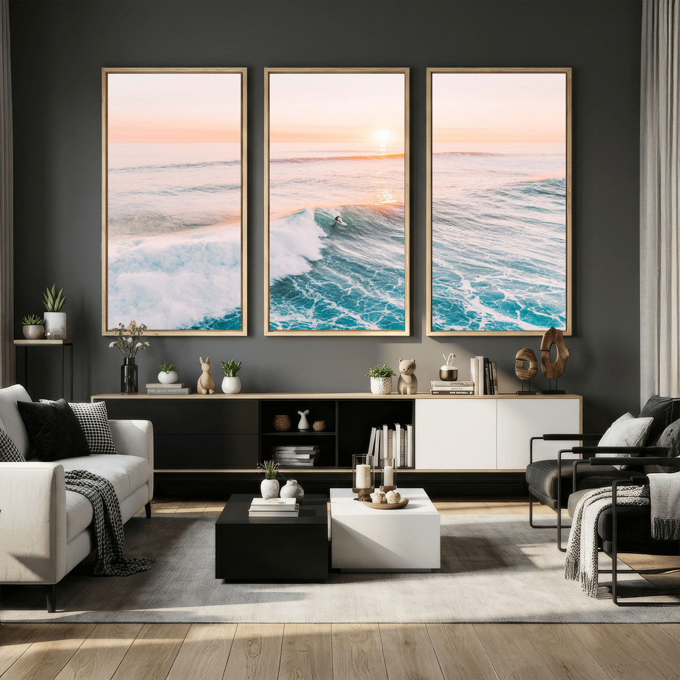 34064591-MGV-CV-36X24 - Sunset Surfing Wall Art Canvas Print, Ocean Wave Surfer with Golden Sky Artwork for Home, Office, Living Room