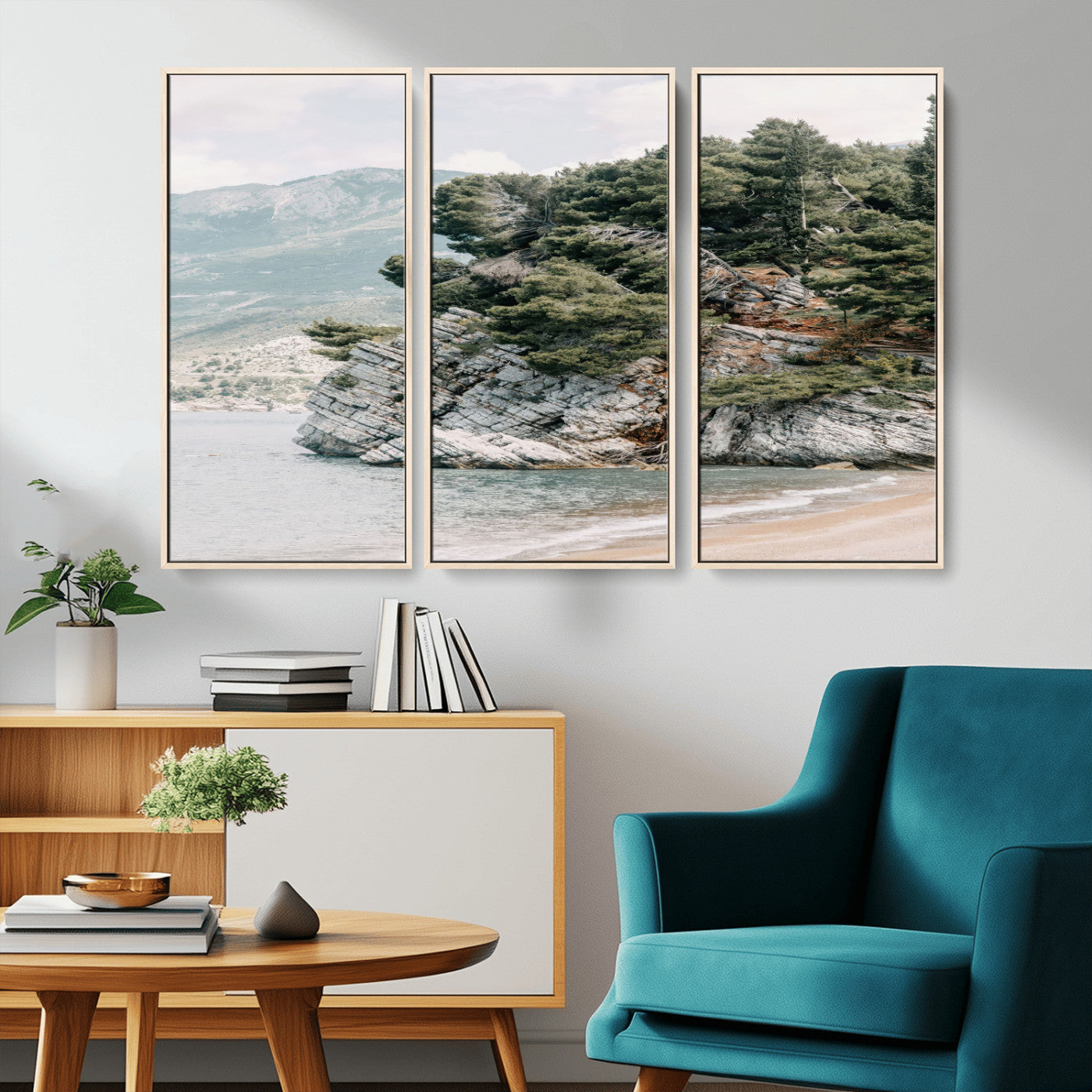 MGV-FC-48X32-3P - Coastal Rock Canvas Wall Art Print, Scenic Beach Landscape, Pine Trees on Rocky Cliff, Large Nature