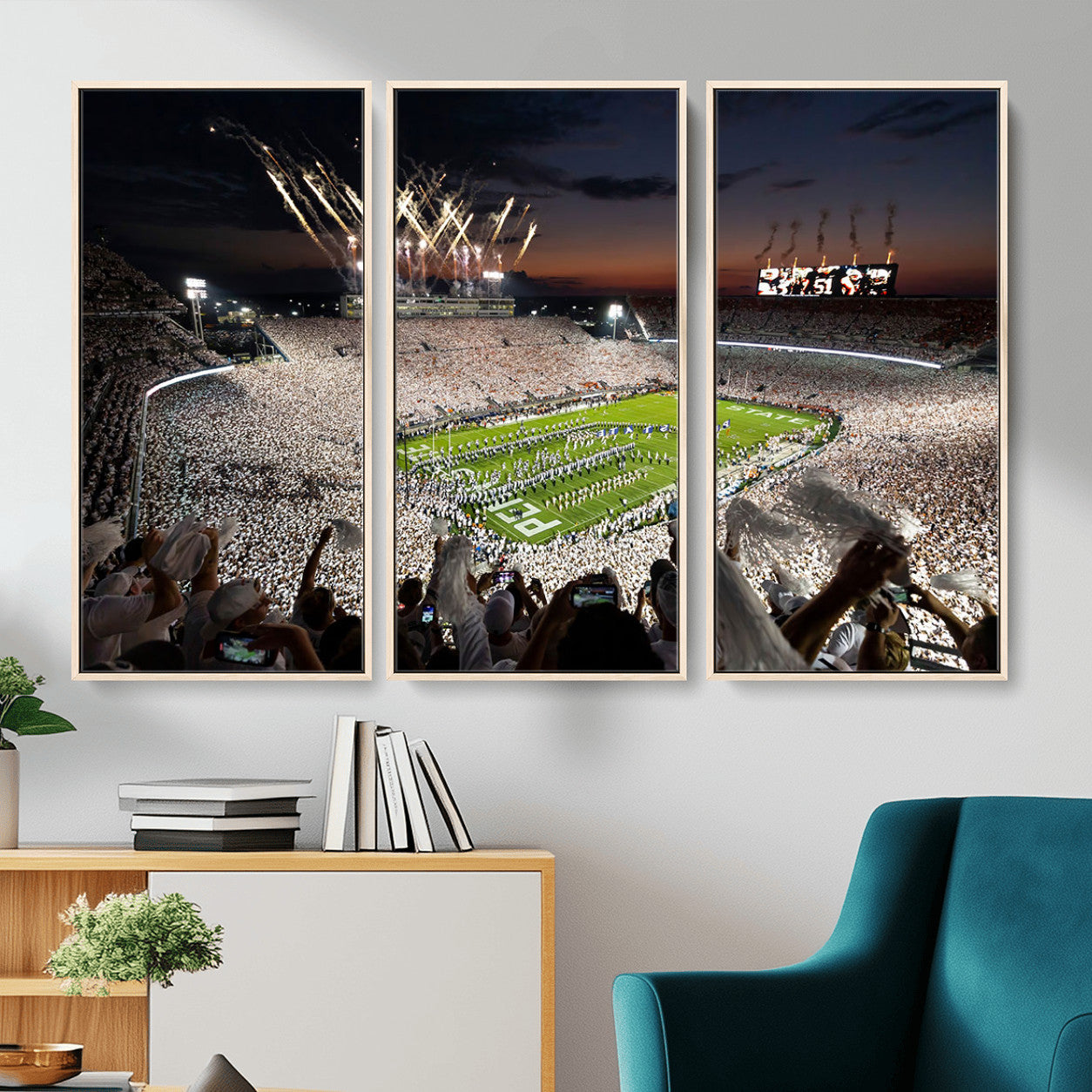 11221988-MGV-FC-48X32-3P - Epic Night Football Stadium Wall Art Canvas Print, Fireworks and Crowd Energy Game Day Excitement Decor for Home, Office