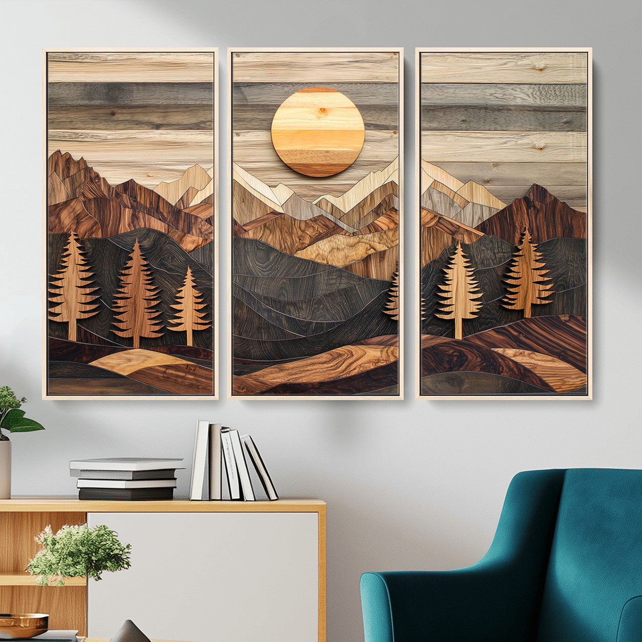 19832326-MGV-FC-48X32-3P - Wooden Mountain Landscape Layered Texture Geometric Shapes Sun Pine Trees Rustic Natural Tones Art