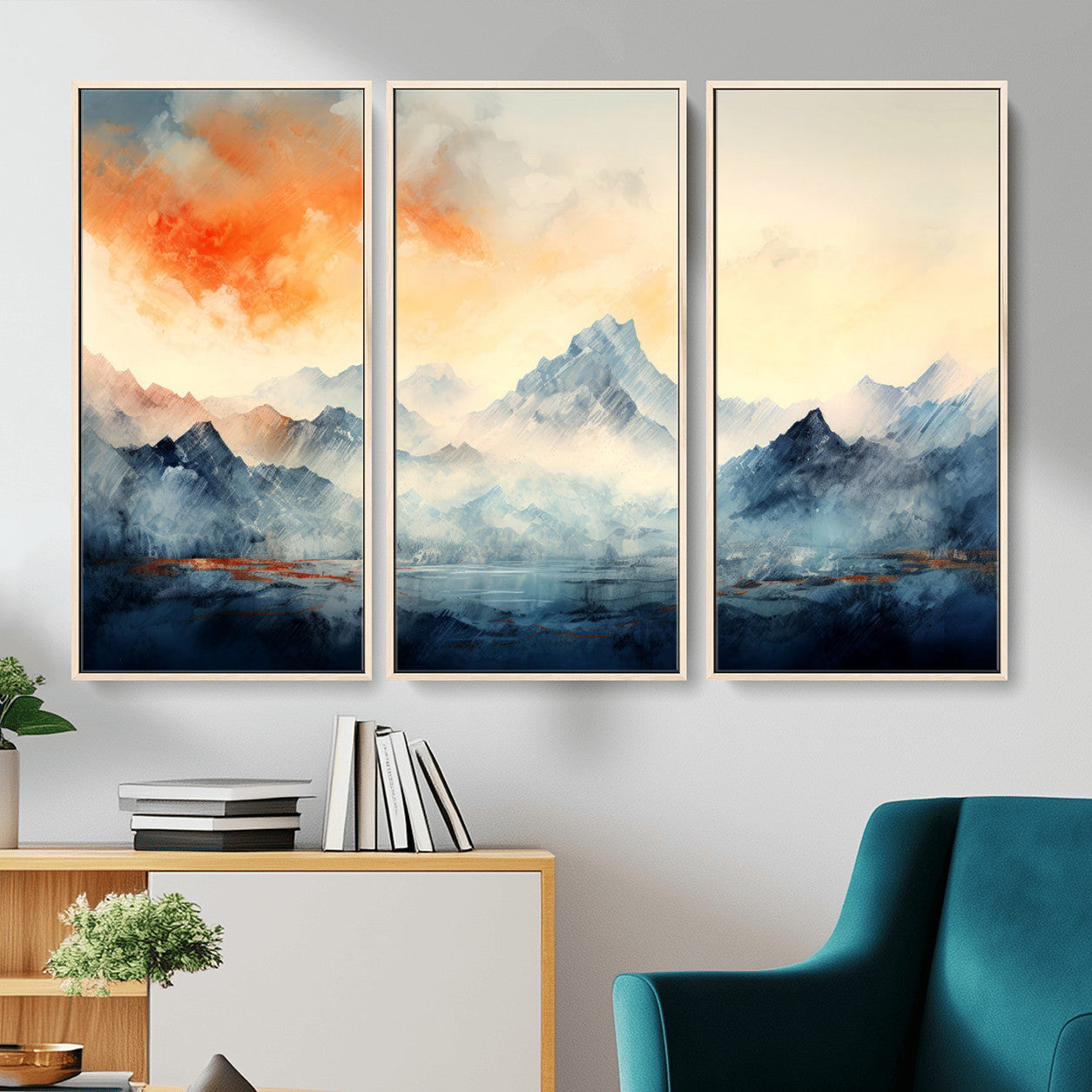 WRM1005-MGV-FC-48X32-3P - Warm Clouds Abstract Mountain Wall Art, Modern Landscape Canvas Print, Minimal Framed Artwork for Home, Office