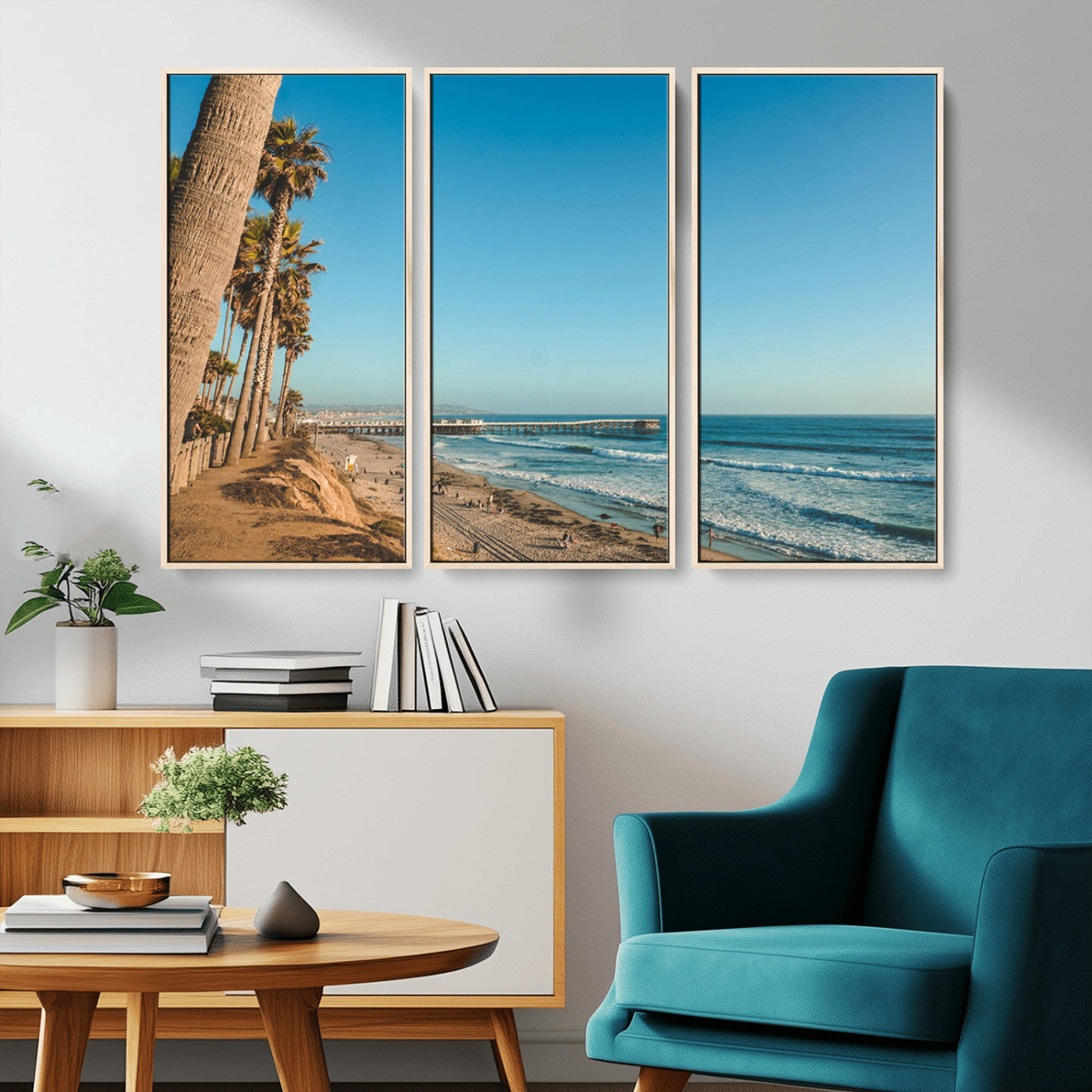 MGV-FC-48X32-3P - Scenic Beach with Tall Palm Trees, Sandy Shore, and Long Pier Stretching into the Calm Ocean Under