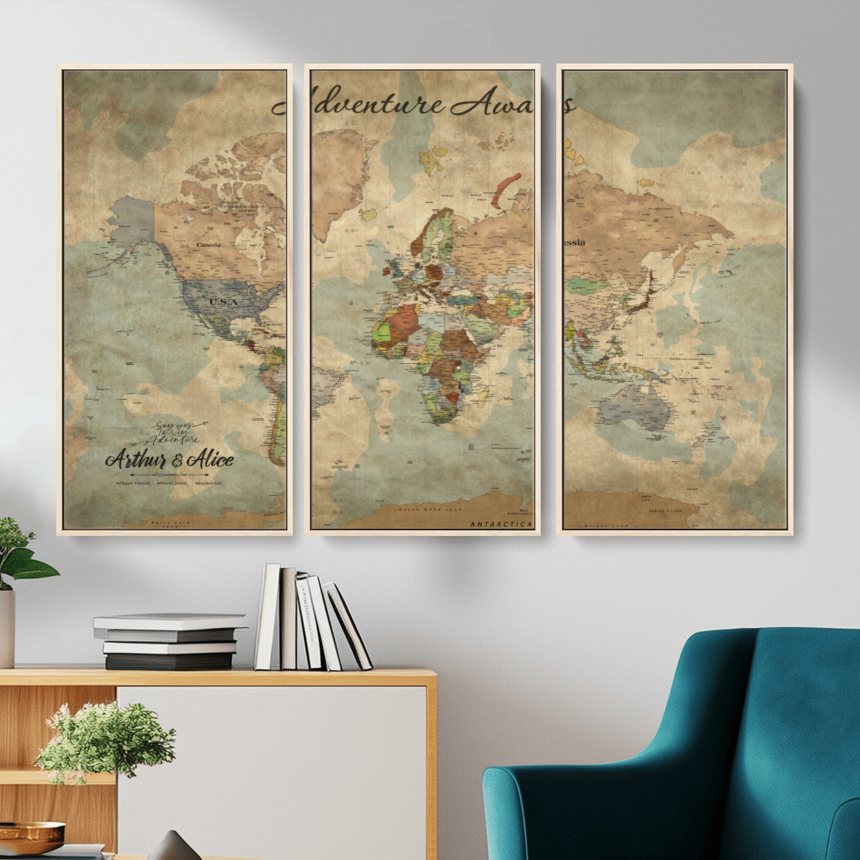MGV-FC-48X32-3P - Personalized World Map Wall Art Canvas Print – Custom Push Pin Travel Map for Couples, Families, or Office Décor