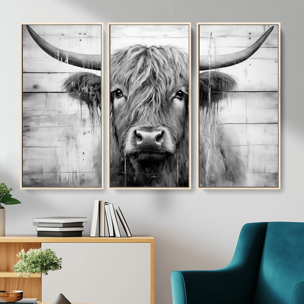 1001HASAN27-MGV-FC-48X32-3P - Black White Highland Cow Wall Art Canvas Print